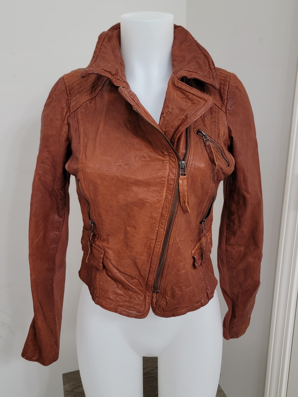 Women's Genuine  Creased Leather Brown Moto Jacket